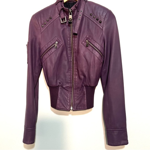 ❌❌SOLD❌❌Rock & Republic Cropped Purple Leather Studded Bomber Jacket, Size small - Picture 3 of 16